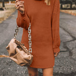 Turtleneck Long Sleeves Ribbed Knit Sweater Dress