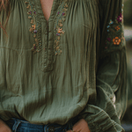 Bohe Floral Embroidered Cotton Olive Green Shirt