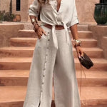 Solid Color Lapel Casual Button-down Shirt and Loose Pocket Slit Wide-leg Pants Set