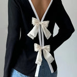 Black Knitted Bow Tie Back Round Neck Long Sleeve Top