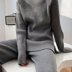 Urban Loose Solid Round-Neck Split-Side Sweater& Wide Leg Pants Suits