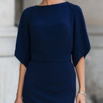 Elegant Navy Blue Batwing Sleeve Midi Sheath Dress