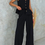 Side Split Button Up Sleeveless Top and Wide Leg Pants Set