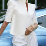Half Sleeves Loose Solid Color Split-Joint Stand Collar Blouses&Shirts Tops