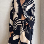 Long Sleeves Loose Contrast Color Pockets Printed Blouses&Pants Suits