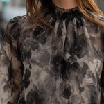 Sheer Floral Print High-Neck Long Sleeve Blouse