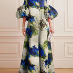 Loose Flower Shape Solid Color Stand Collar Lantern Sleeves Maxi Dresses