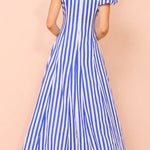 Indulge in Timeless Striped Print Puff Sleeve Pocketed Wavy Maxi Dress