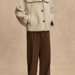 Romane Faux Fleece Fabric Contrast Trim Long Sleeve Knitted Pocket Lapel Loose Jacket