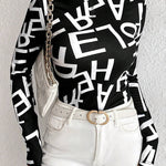 Long Sleeves Skinny Letter Print Split-Joint Mock Neck T-Shirts Tops