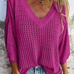 Fashionable Hollow V-neck Long-sleeved Casual Loose Knitted Top