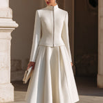 Stand Collar Zip-Up Jacket And Pleated Midi Skirt Set