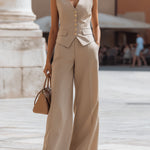 Beige Tailored Sleeveless Vest & Wide-Leg Trousers Suit Set