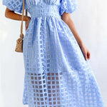 Remarkable Beauty Square Patterned Fabric Puff Sleeve Party Midi Dress
