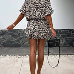 Leopard Print V-neck Short Sleeve Elastic Waist Casual Rompers