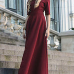 Half Sleeves High Waisted Solid Color Tied Waist V-Neck Maxi Dresses