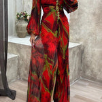 Sunset Serenade Printed Off Shoulder Diamond Embellished Pleated Slit Maxi Dress