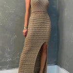 Smiles and Sunshine Knit Texture Hollow Tank Slit Stretch Maxi Dress