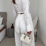 Vivi Embroidered Lace Cutout Long Sleeve Pocket Elastic Waist Loose Shirt Jumpsuit
