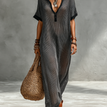 Women's Minimalist, Slightly Sheer, Knitted, Loose-fitting, Collared, Short-sleeved Maxi Dress