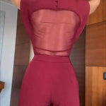 Vita Mesh Patchwork High Neck Wide Sleeve Bodysuit and High Rise Pocket Slit Pants Set