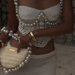 Mirina Hollow Crochet Knit Pearl Trim Heart Collar Crop Vacation Tank
