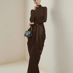 Long Sleeves Buckle Draped High-Neck Evening Dresses Maxi Dresses