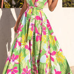 V-Neck Printed High Waist Swing Belt Dress