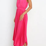 Luxe Look Satin Pleated Halter Elastic Waist Midi Dress