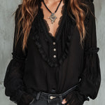 Vintage Black Ruffle Long Sleeve Blouse With Lace Trim