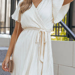 White Flutter Sleeve Wrapped Pleated Sashed Short Dress