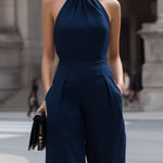 Sophisticated Navy Halter Neck Wide-Leg Jumpsuit