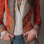 Retro Contrast Color Polyester Velvet Printed Blazer