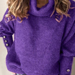 High-neck button-decorated loose knit sweater