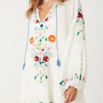 White Boho Floral Tassel Tie V Neck Mini Dress