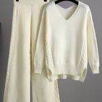 Stylish Loose Long Sleeves Solid Color V-Neck Sweater Tops& Wide Leg Pants Two Pieces Set
