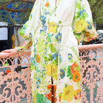 Summer Party Floral Print Balloon Sleeve Pocketed Belt Shirt Midi Dress