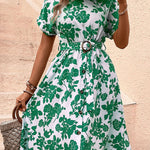 Green Leaf High Waist Belt Dress