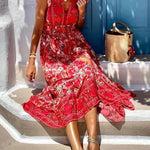 Summer in Greece Boho Print Ruffle Sleeve Elastic Waist High-low Midi Dress