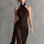 Women's Dark Brown Stretch Dress With Twisted Neckline & Maxi Length, Modern Bold-Elegant Style Dress