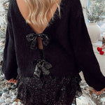 Misty Starlight Tie Front Sequin Bow Loose Sweater