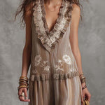 Lightweight Boho Embroidered Striped Chiffon Sleeveless Jumpsuit