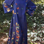 Butterfly Print Navy Blue Long Sleeve Loose Long Dress