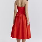 Strapless Corset Pleated Hem Prom Party Midi Dresses-Red