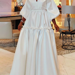High Waisted Puff Sleeves Falbala Solid Color V-Neck Maxi Dresses