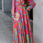 Multicolor Floral Print Ruffle Trim Plunge Neckline Maxi Dress