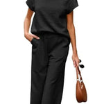 Women's Casual Textured Tops and Wide Leg Pants Lounge Sets