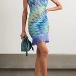 Eline Knit Colorful Zigzag PatternOne Shoulder Ruched Tassle Trim Mini Dress