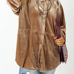 Khaki Casual Button Down Plus Size Velvet Shirt