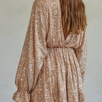 V Neck Balloon Sleeves Backless Drawstring Sequin Dress